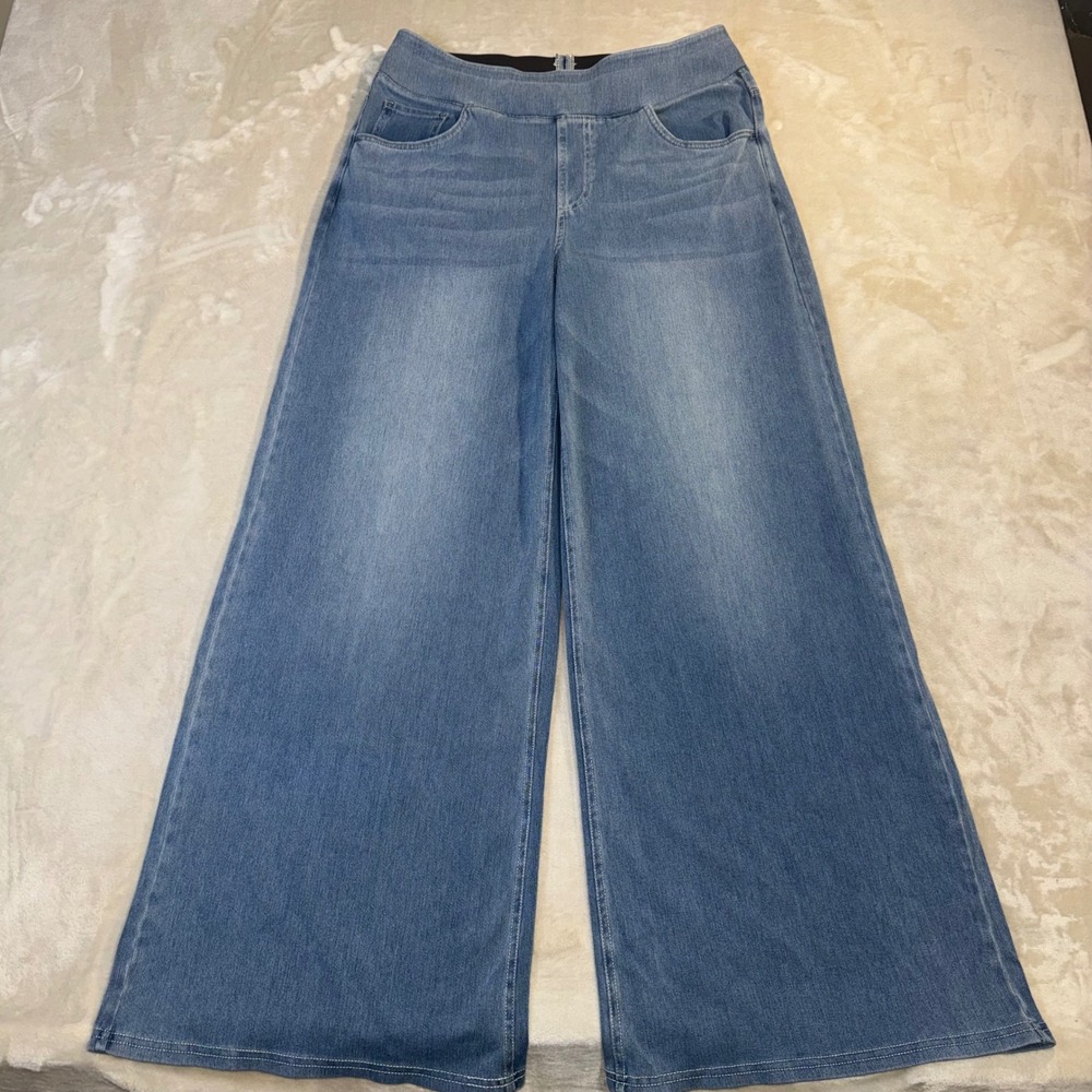 Halara Womens Large Regular Wide Leg Denim Pants Light Wash Blue Pull On Stretch